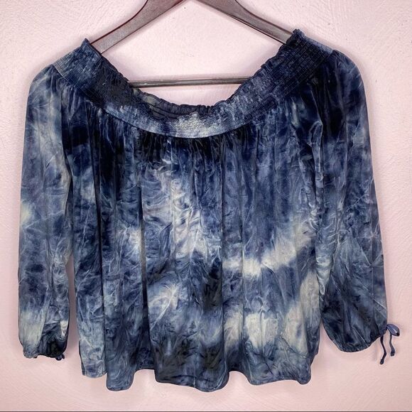 American Eagle Y2k Tie Dye Velvet Off The Shoulder Swing Crop Top Blue Small - Picture 9 of 11